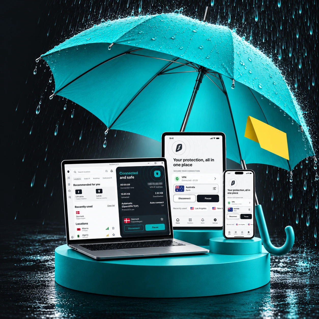 Surfshark Windows and iOS interfaces on a laptop, tablet and phone beneath a turquoise umbrella