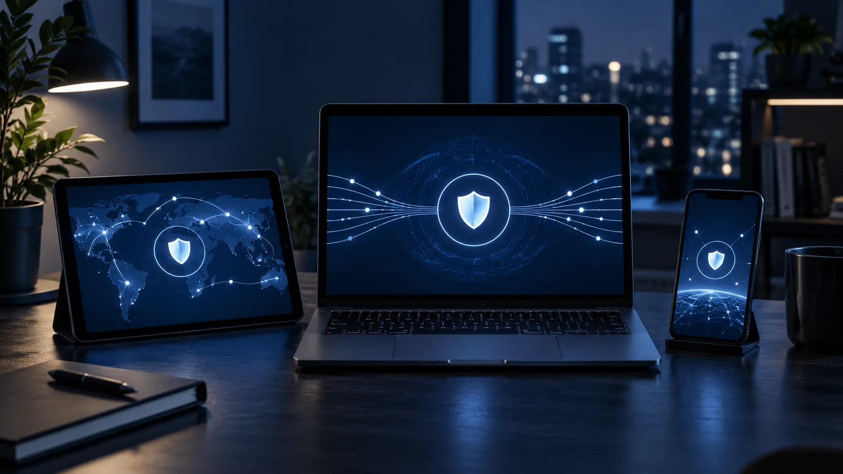 Laptop, tablet and phone representing a comparison of three VPN services