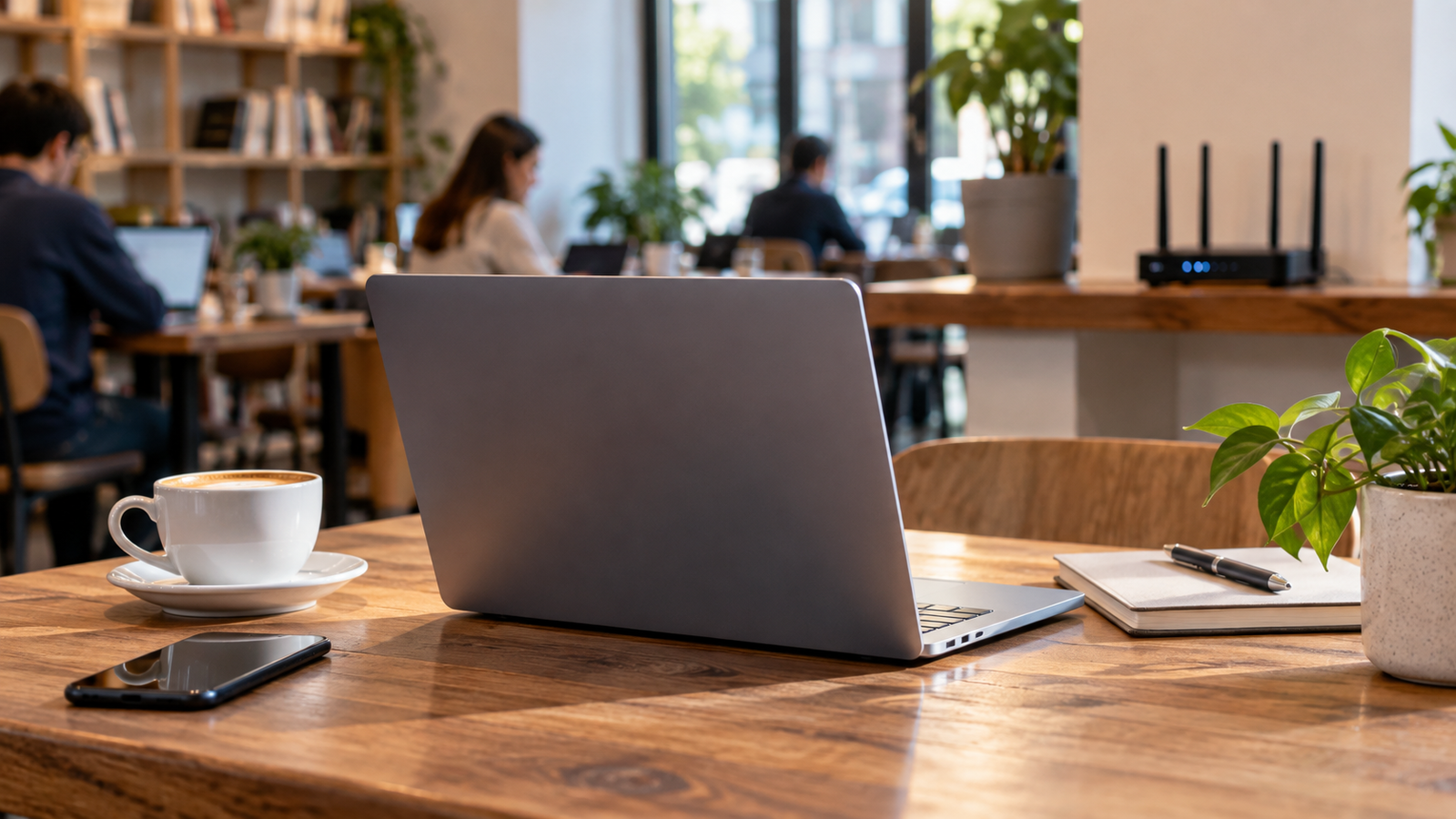 Open laptop in a shared workspace with a public Wi-Fi network nearby