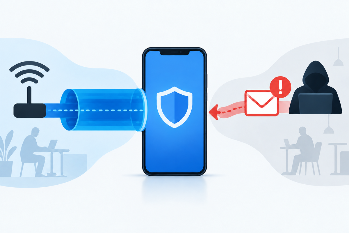 Encrypted network traffic shown separately from a phishing message