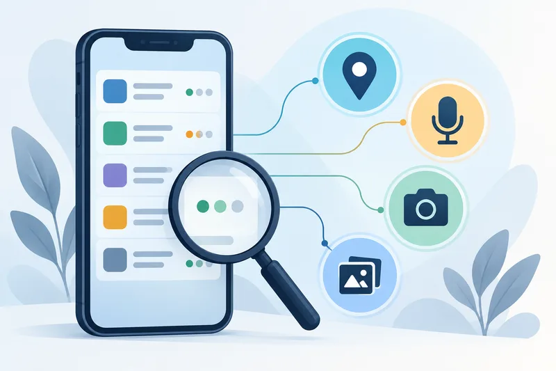 Original illustration of a generic smartphone privacy report connected to location, microphone, camera and photo access icons