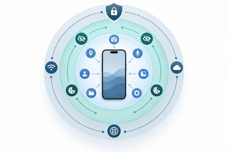 Original diagram showing a generic smartphone surrounded by separate permission, tracking and network layers