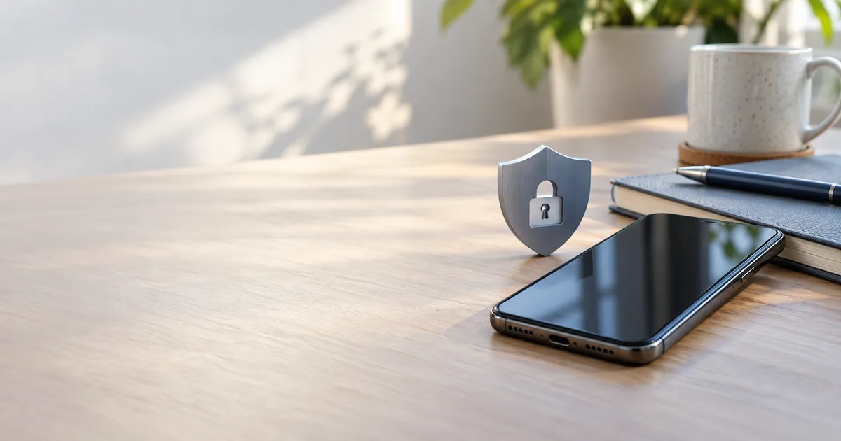 Generic smartphone beside a metal privacy shield on a bright desk