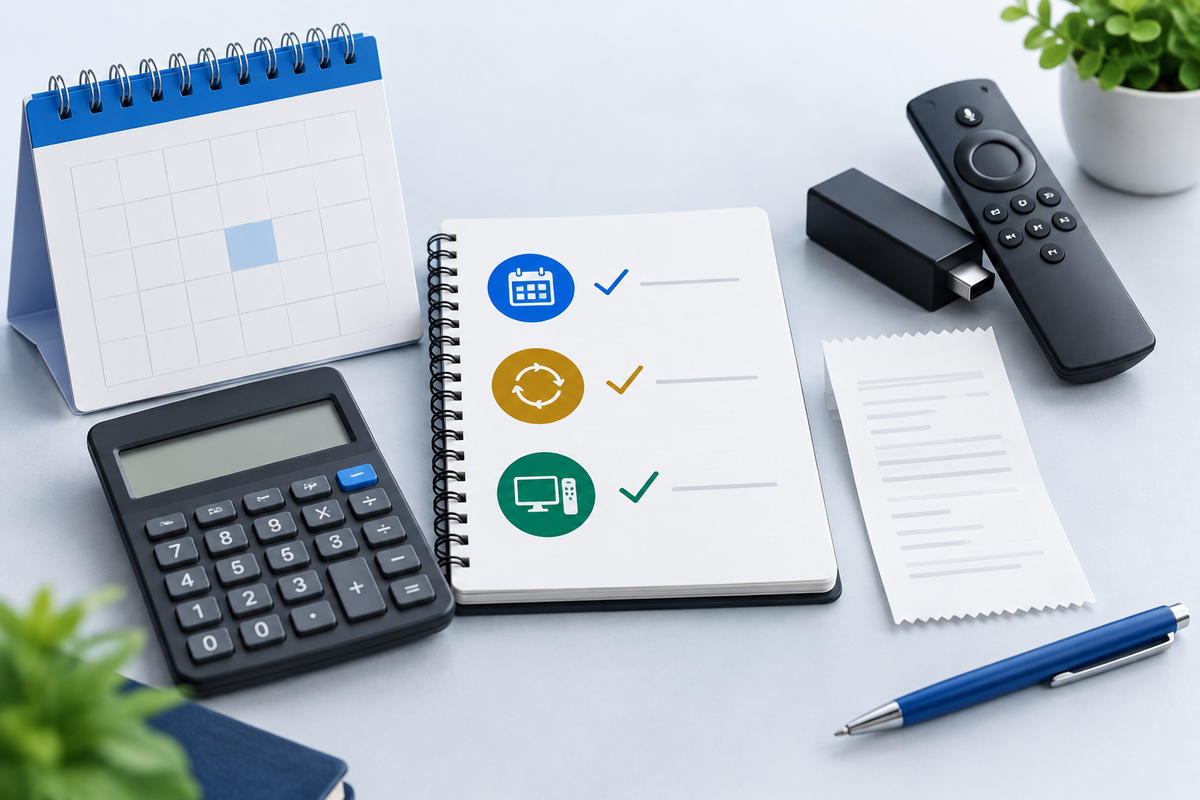 Calendar, blank receipt, and calculator for checking initial and renewal costs