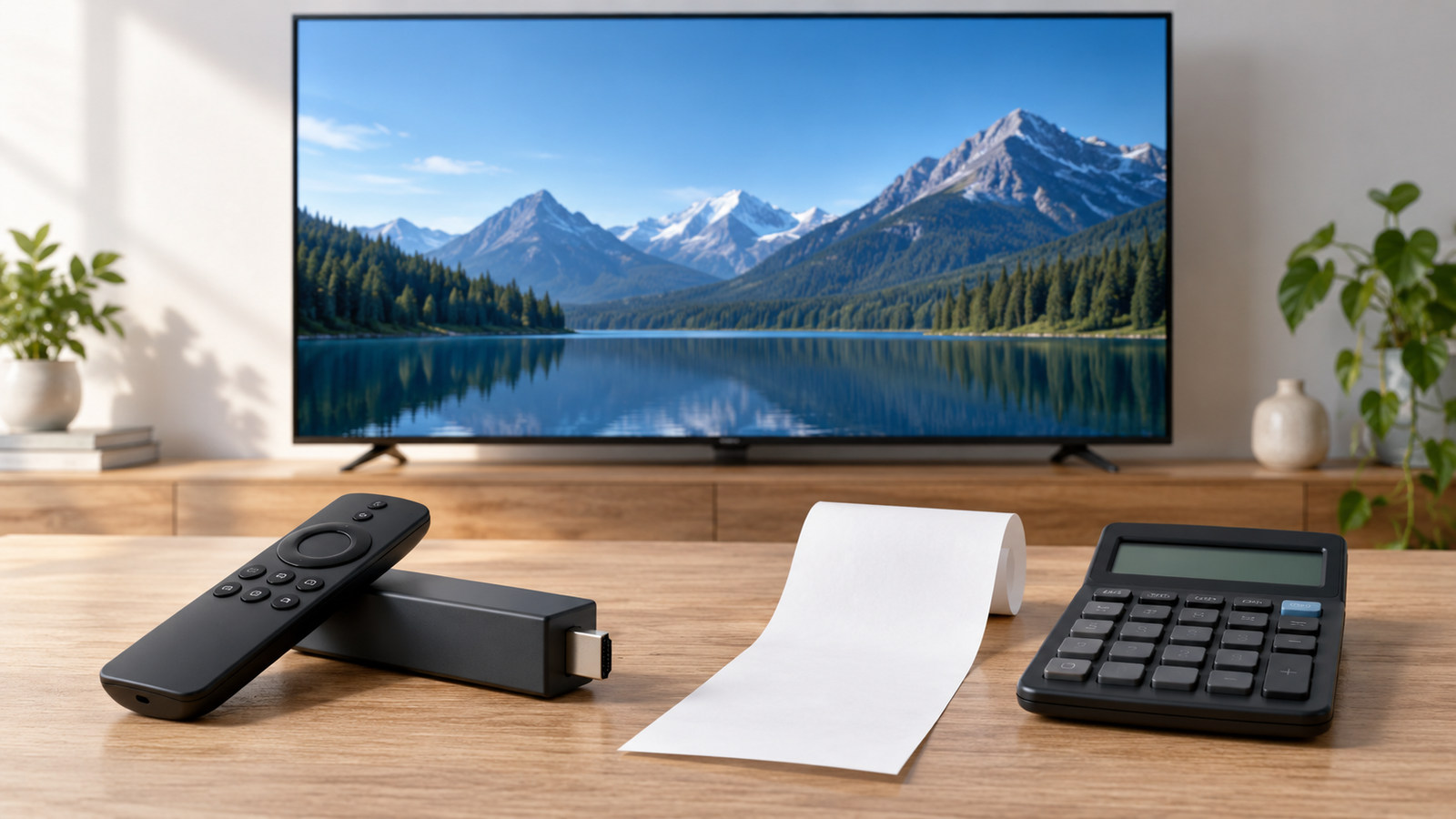 Generic television and streaming device beside a calculator and blank receipt