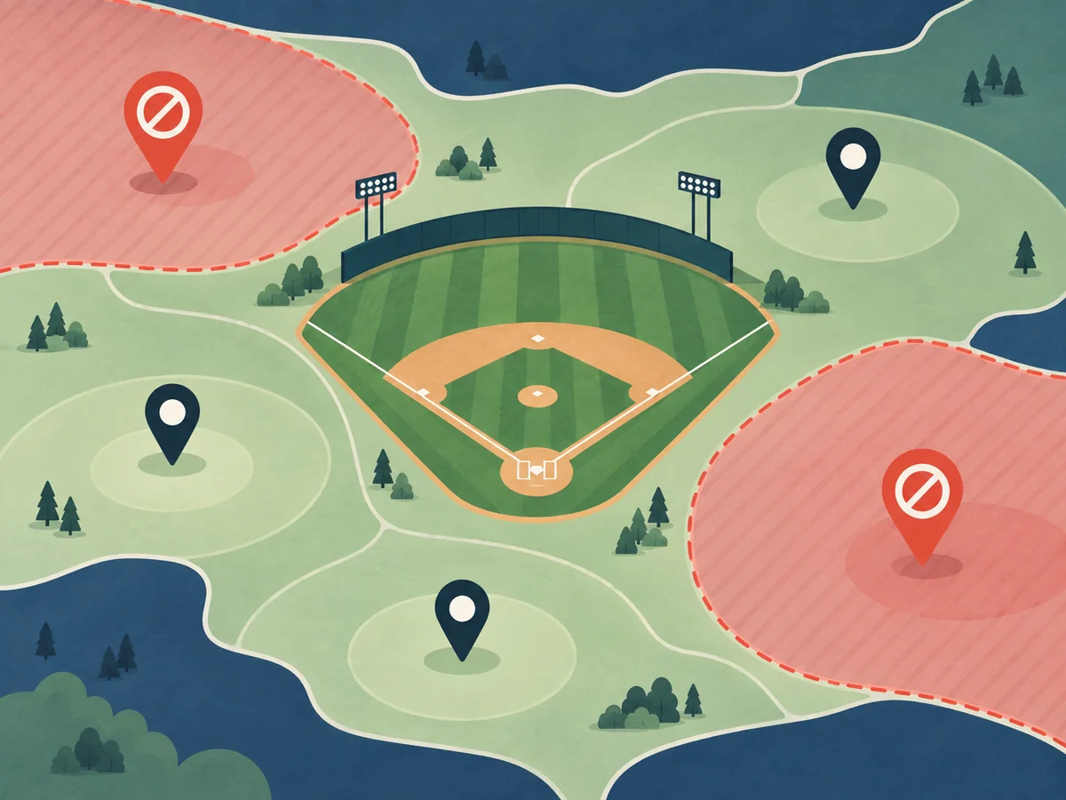 Abstract baseball field surrounded by neutral location pins and shaded boundary zones