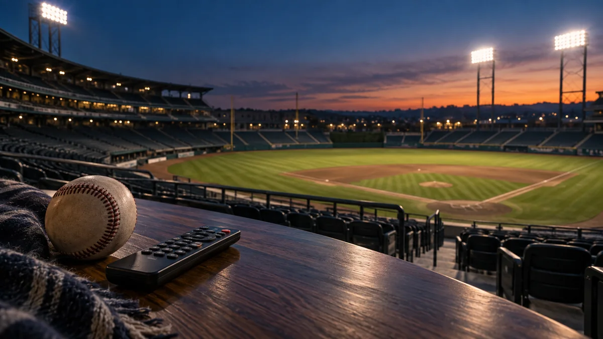 Empty baseball stadium at dusk with a baseball and generic remote on a table in the foreground