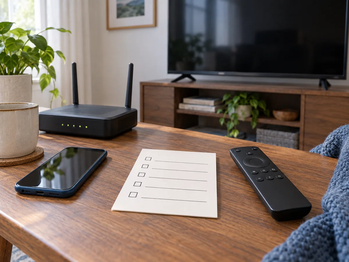 Generic television, router, phone, remote, and blank checklist arranged for streaming troubleshooting