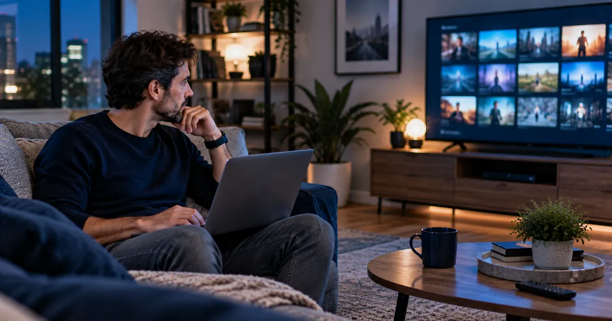 Person considering a generic streaming catalog on a television while using a laptop