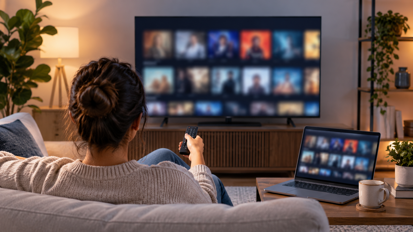 Person viewing a generic streaming catalog on a television with a laptop nearby