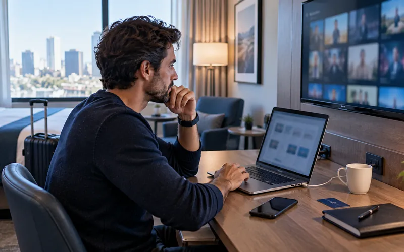 Traveler using a laptop beside a hotel television