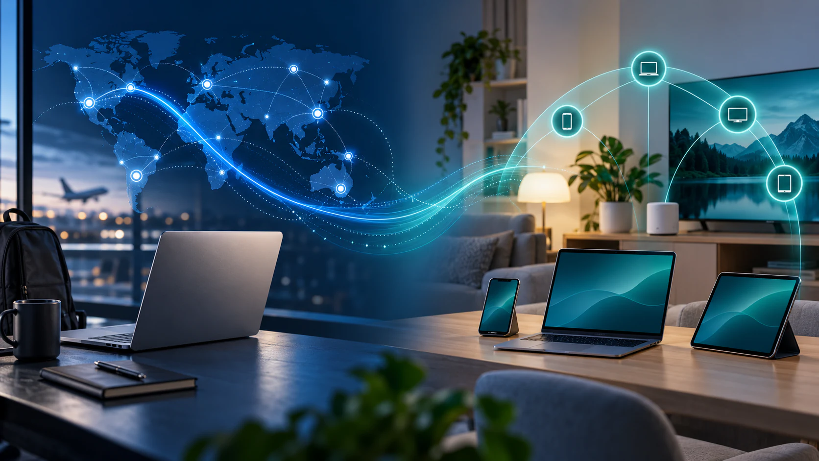NordVPN and Surfshark comparison between a travel network and a protected multi-device home