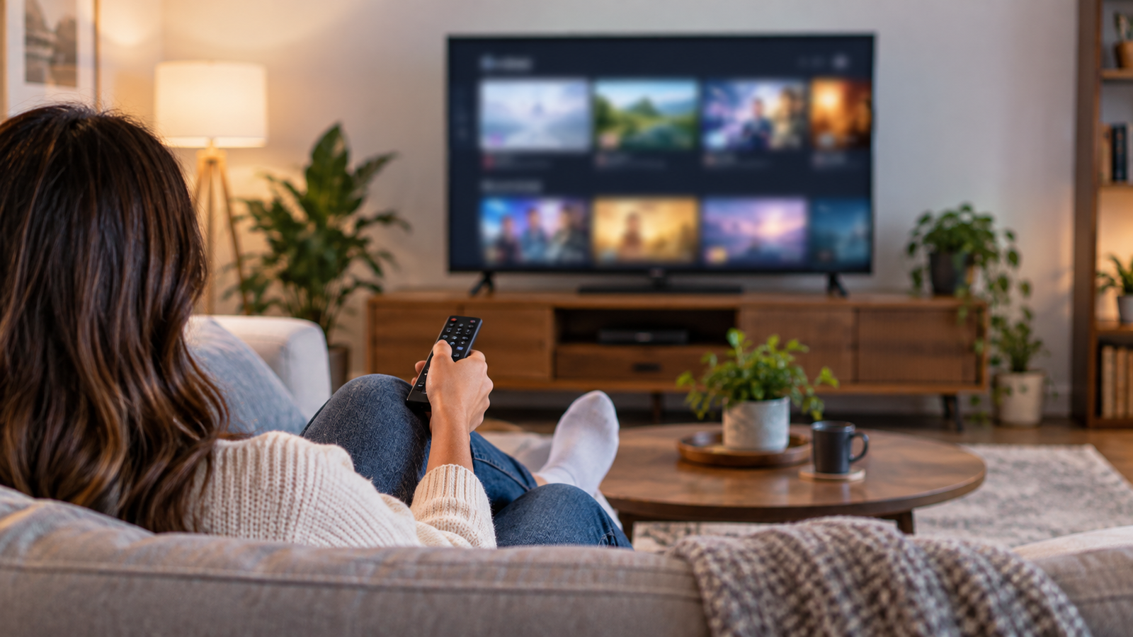 Generic television in a living room with a sofa and remote control