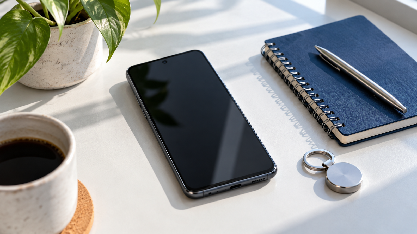 Generic smartphone on a bright desk beside a neutral privacy object