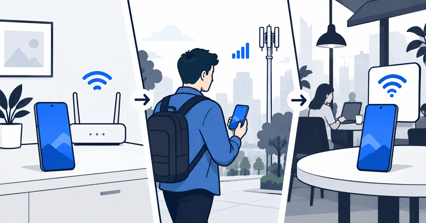 Phone moving between home, cellular and public Wi-Fi networks