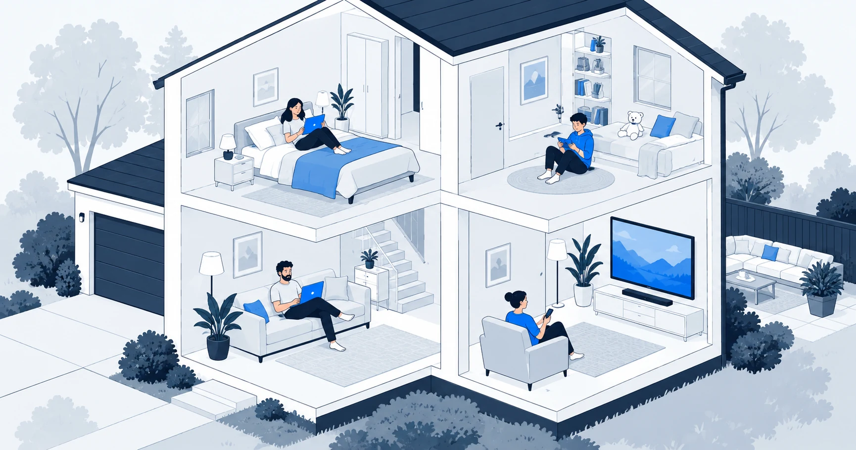 Cutaway home showing devices used in different rooms