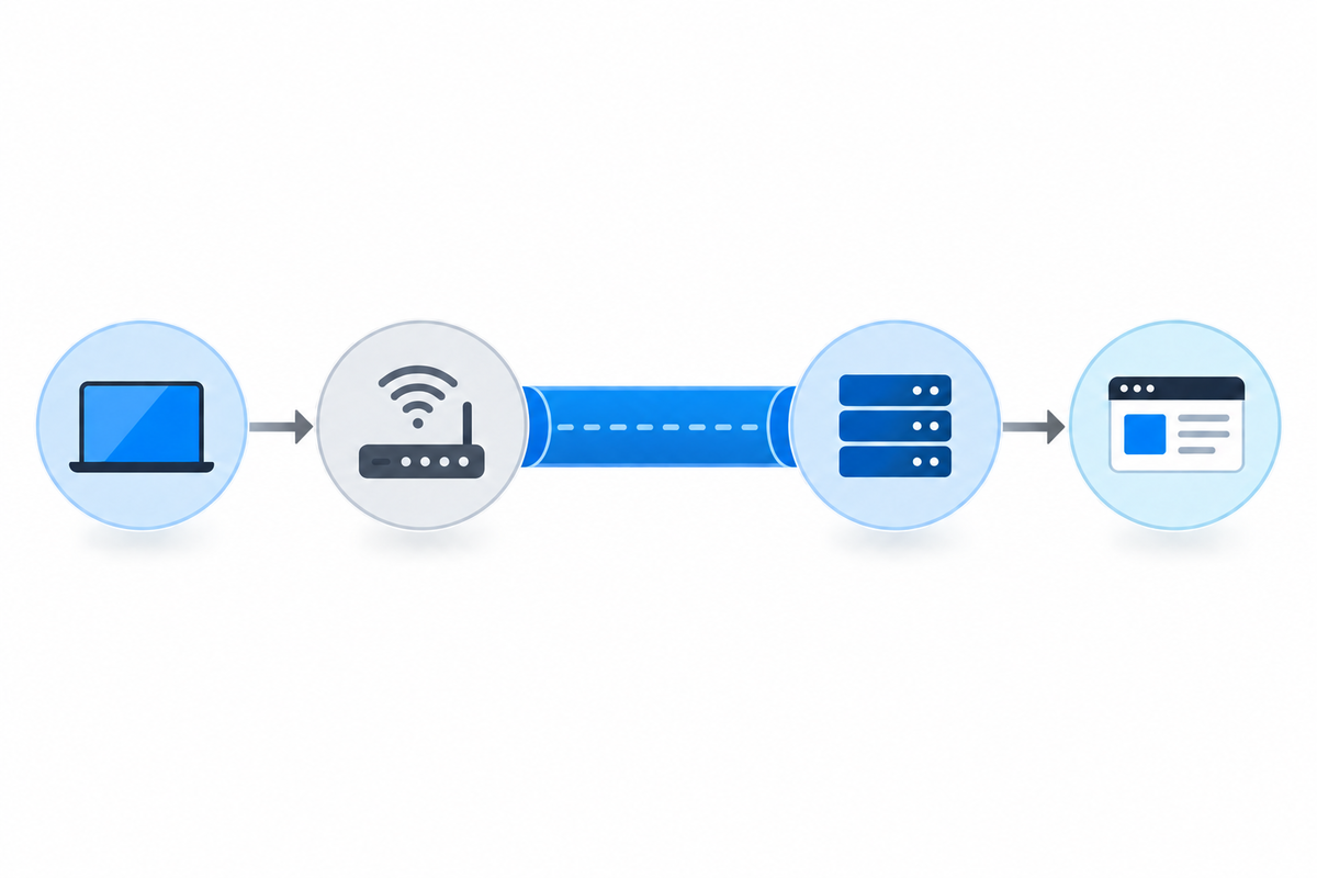 Data path between a device, internet provider, VPN server, and website