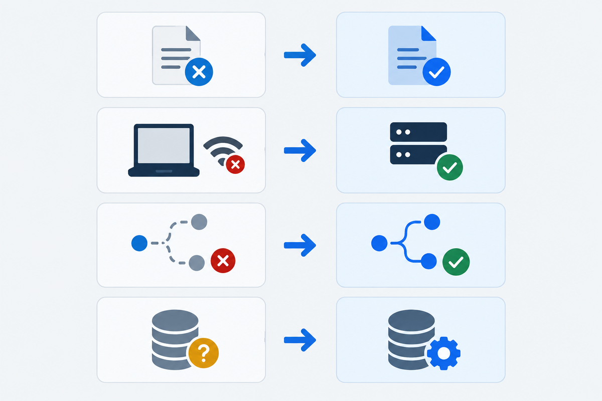 Troubleshooting matrix linking setup symptoms to the next check