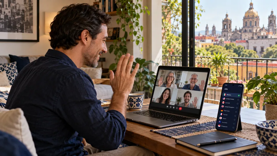 Expat joining a family video call from an apartment