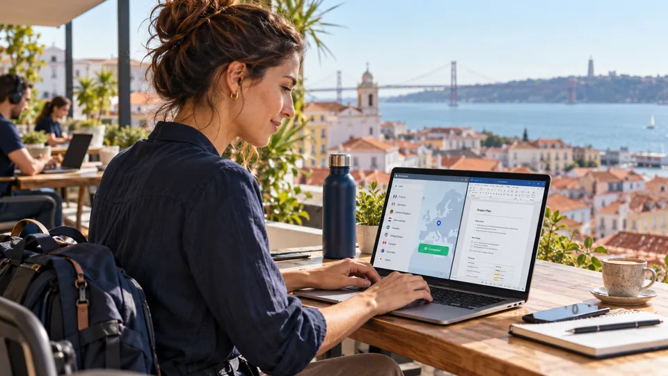 Remote worker using a laptop on a Lisbon coworking terrace