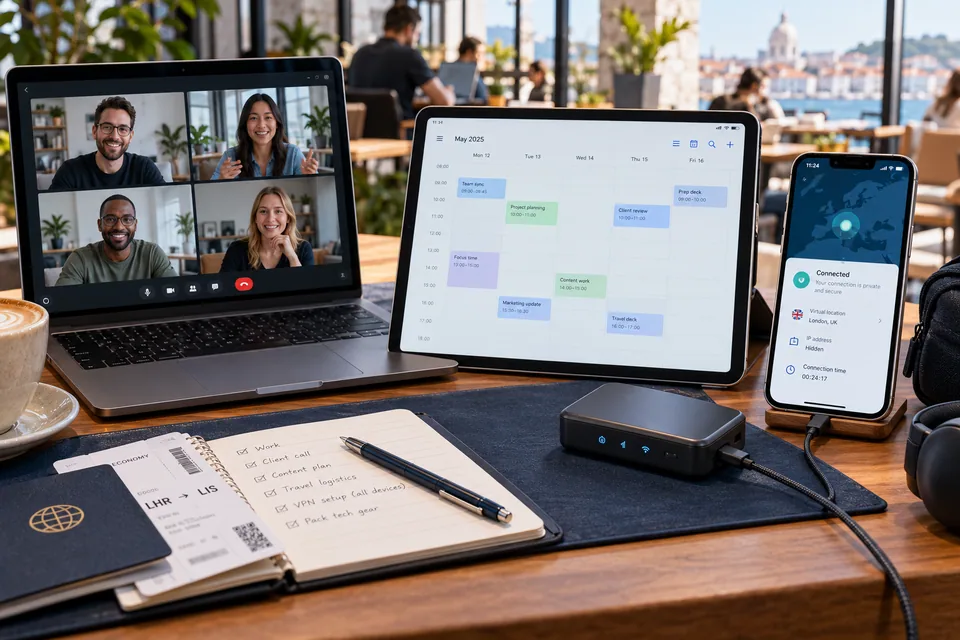 Travel workstation with laptop, tablet, phone and compact router