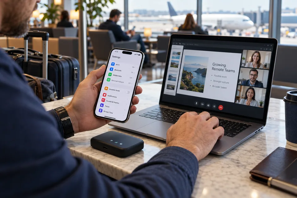 Traveller checking a phone connection beside a laptop in an airport lounge