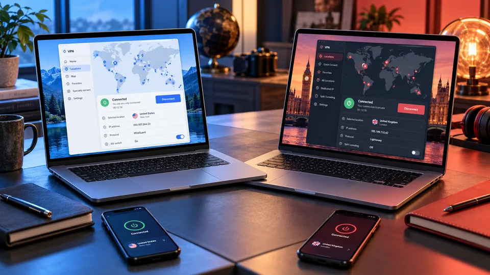 Two laptops with blue and coral illustrative VPN interfaces