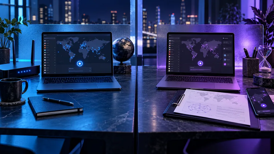 Blue and violet workstations illustrating two VPN choices