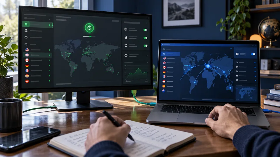 Green desktop and blue laptop VPN interfaces compared side by side