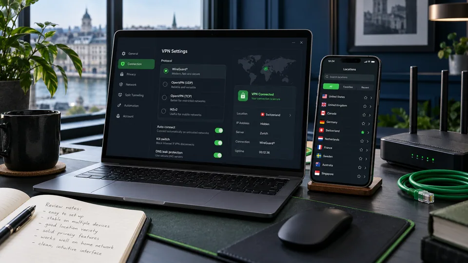 Laptop and phone with illustrative green VPN controls