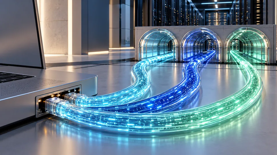Three conceptual encrypted network routes between a computer and servers