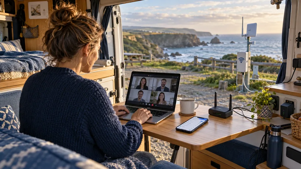 Remote worker checking connectivity inside a camper van