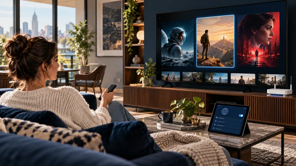 Viewer choosing a film on a television with home networking devices nearby