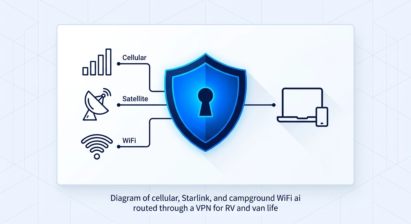 Diagram of cellular, Starlink, and campground WiFi routed through a VPN for RV and van life
