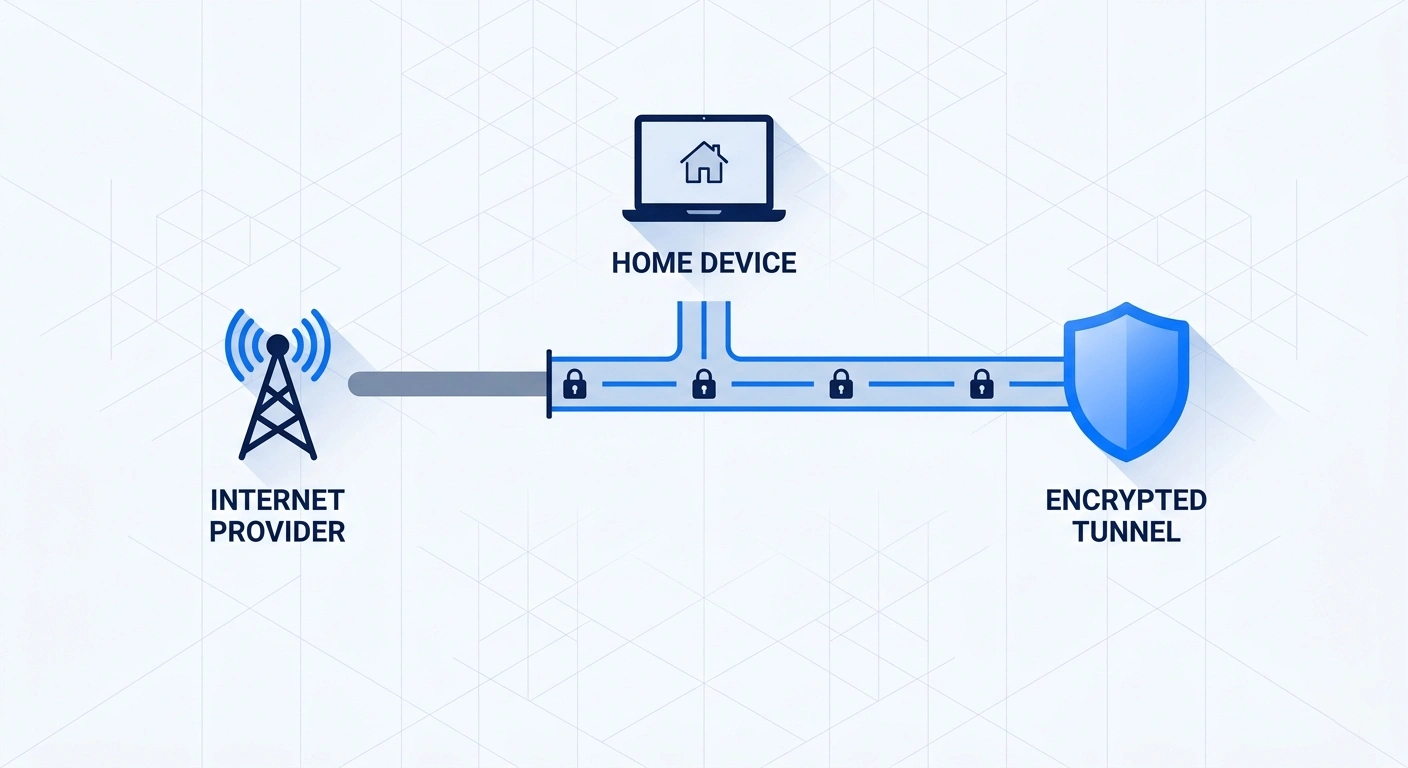 Diagram of a home VPN hiding browsing from the internet provider through an encrypted tunnel