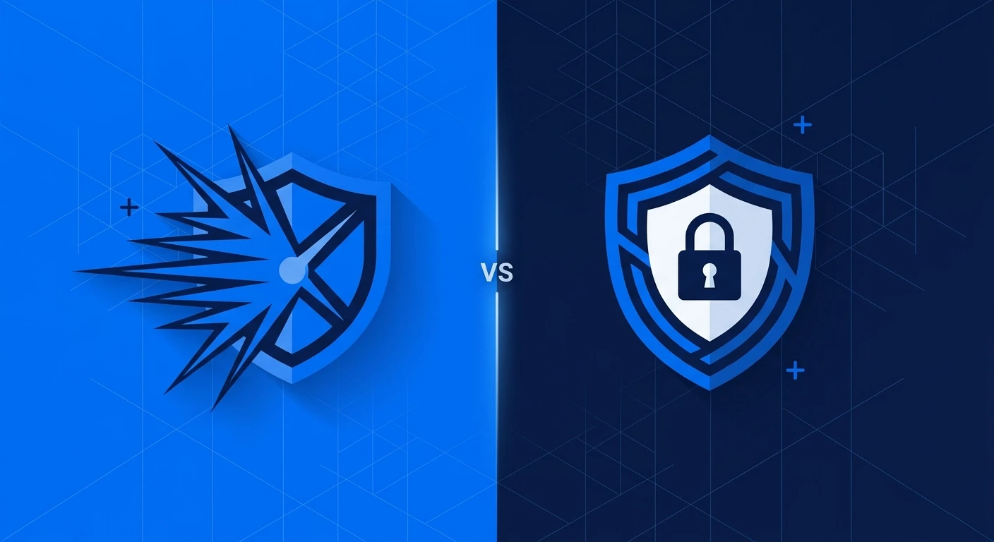 ExpressVPN vs Proton VPN shown as a speed emblem facing a privacy shield emblem