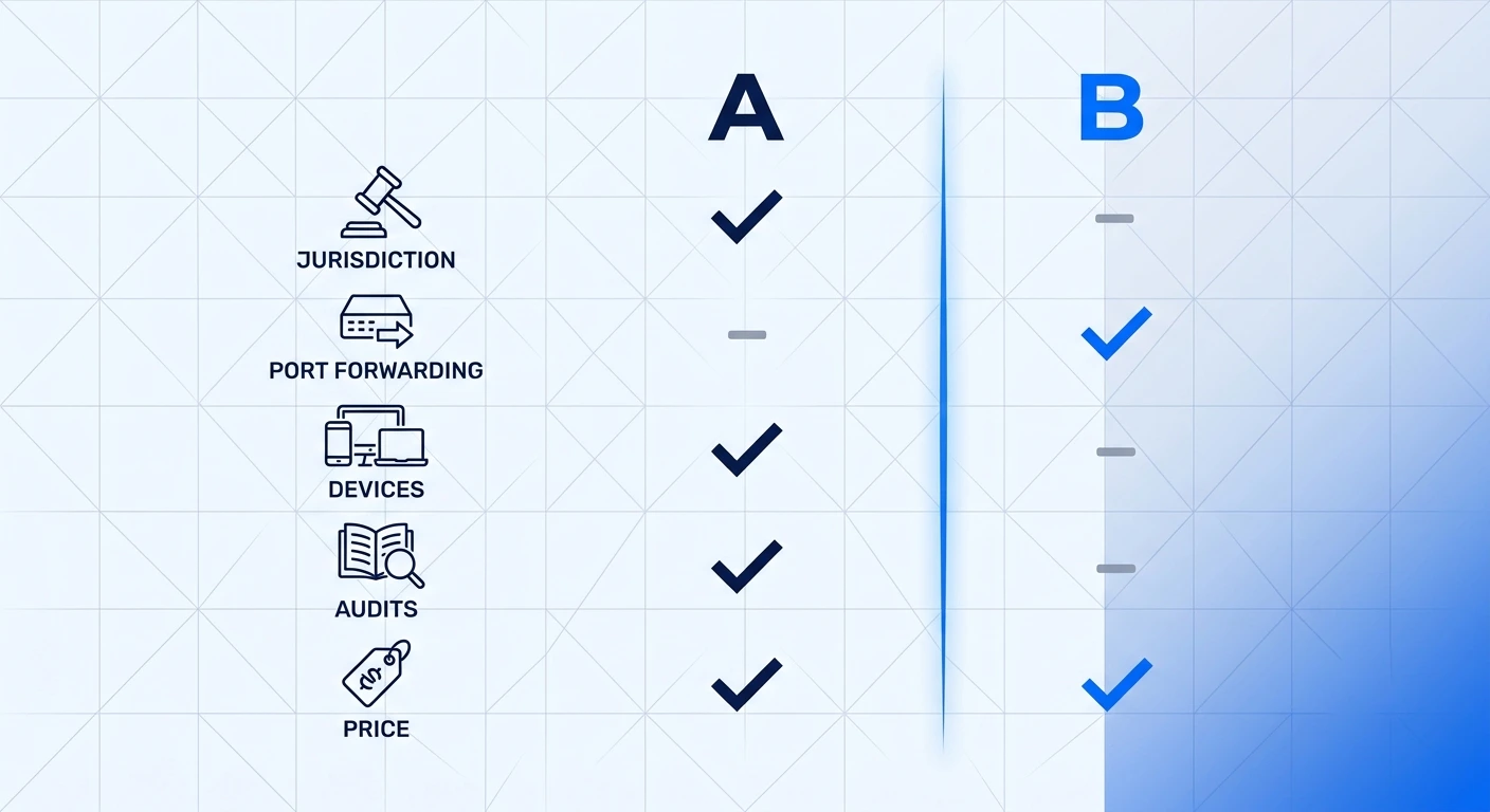 Feature comparison matrix of PIA versus NordVPN