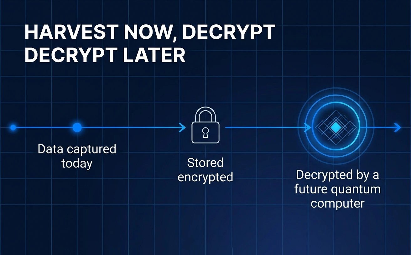 Post-quantum VPN: the harvest-now-decrypt-later threat, where encrypted data captured today is stored for a future quantum computer to break
