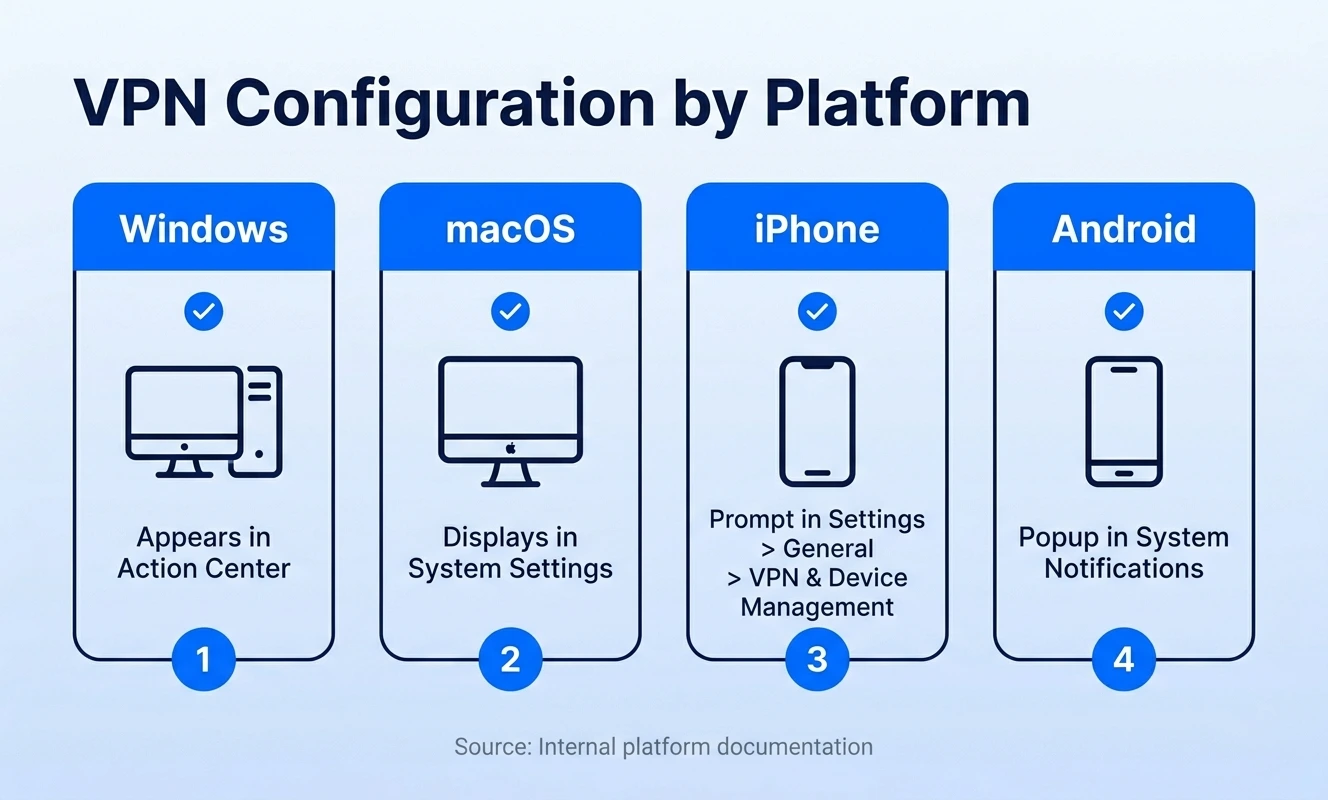 VPN configuration paths for Windows, macOS, iPhone, and Android