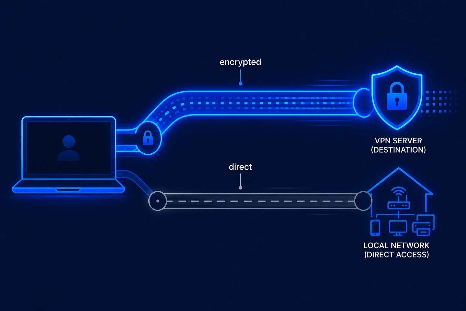What is VPN split tunneling - encrypted and direct traffic streams diagram (vpnvertex.com)