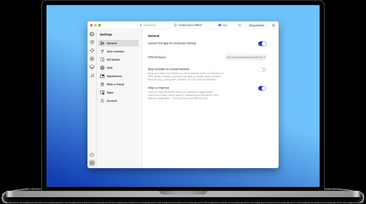 NordVPN macOS app General settings panel showing the VPN Protocol selector