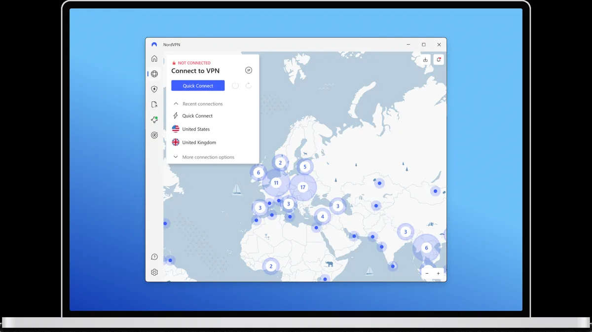 NordVPN Windows app home screen, not connected, showing the server map and quick-connect options